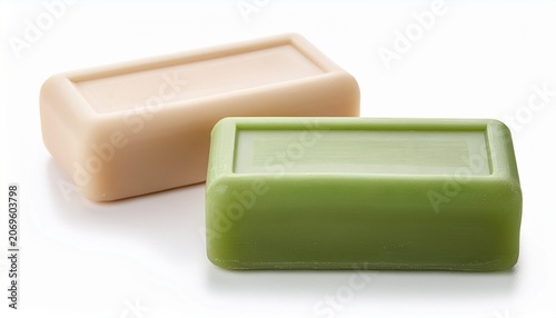 Two Green And Beige Soap Bars On A White Background