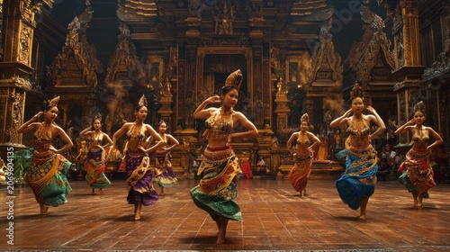 Dancers perform in ornate temple. Colorful costumes, elegant poses, rich gold details