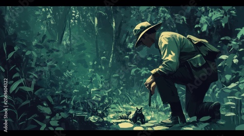 A person in a hat and bag kneels in a lush, green jungle observing a small animal