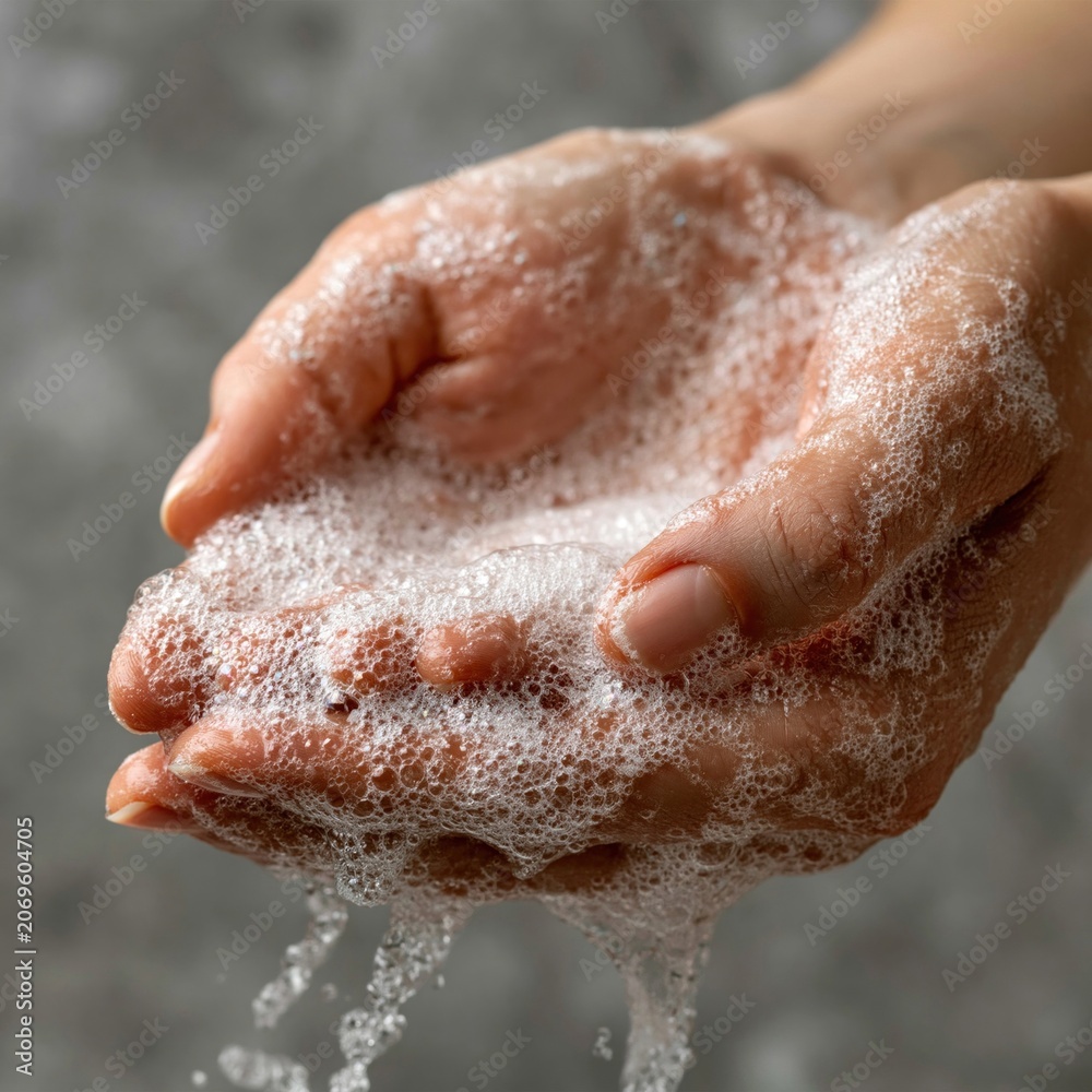 Fototapeta premium A close-up of hands holding soap bubbles against a textured background.