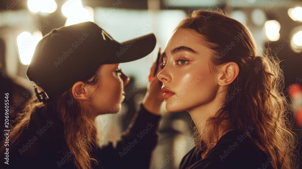 Fototapeta premium A makeup artist applies product to a model's face, bathed in warm lighting