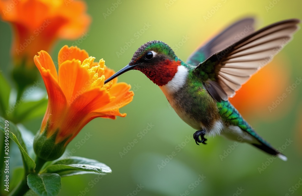 Fototapeta premium Tiny hummingbird hovers near bright orange flower. Bird drinks nectar with long beak. Iridescent feathers gleam in soft sunlight. Nature and wildlife close-up.