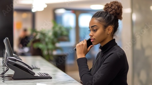Woman with dark hair in a bun on the phone in a modern office