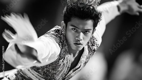 Black and white image of a young man, arms outstretched, with elaborate clothing and hair