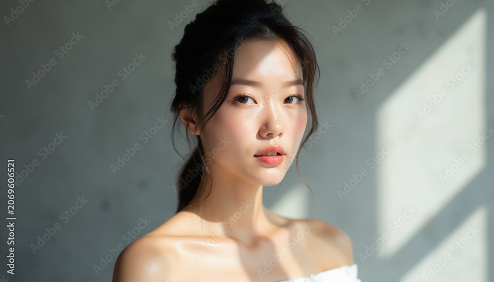 Naklejka premium Young Asian woman with radiant skin poses softly. Elegant model wears strapless top, natural makeup highlights her features. Light shadow patterns fall across her face and shoulder.