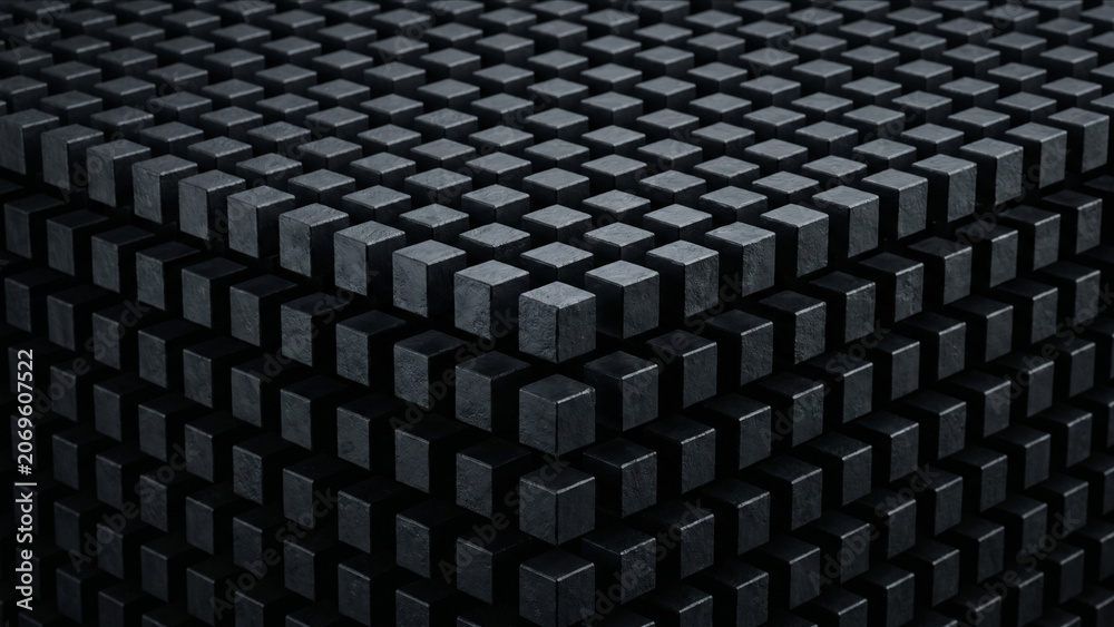 Obraz premium 透明な空間に静止するダークメタルブロックの幾何学的なマトリクス構造を描いた背景用3DCG画像