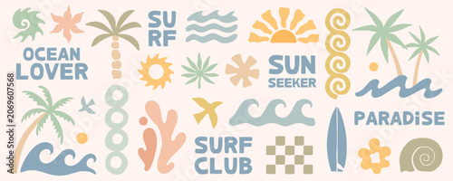 Fotografía Surf clipart set with summer coastal icons,ocean waves,palm trees,seashells,sun,tropical nature shapes and forms