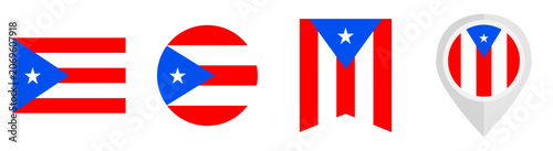 The Puerto Rico flag, including standard rectangular, circular, vertical and pin banner designs.