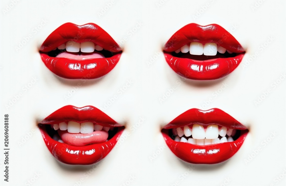 Obraz premium Four sets of woman red lips smile and stick out tongue. White teeth show in glossy mouths, isolated on white. Expresses joy, playfulness, and confidence.