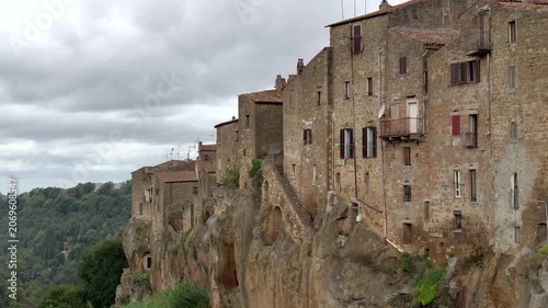 Aerial Drone view of hilltop Medieval town of Pitigliano, Tuscany in Cloudy Weather, with Valdorcia and old buildings