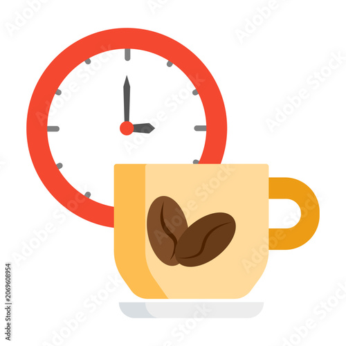 Coffee break icon with a red clock positioned behind a light brown coffee cup.