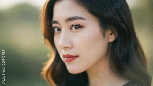 Elegant Portrait: A beautiful young woman with long, wavy dark hair and striking makeup gazes thoughtfully into the distance, her serene expression enhanced by the soft, natural light.