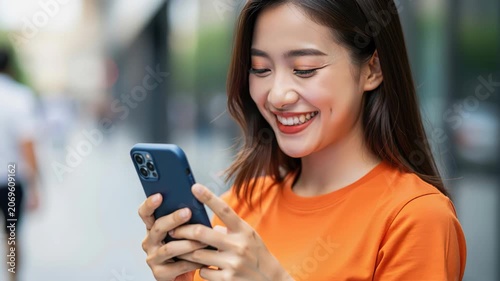 Happy Young Woman Using Smartphone Outdoors