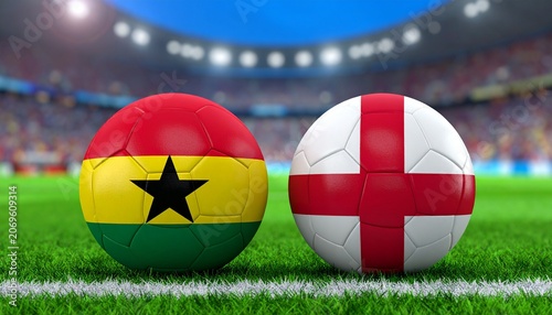 Two soccer balls in flags colors on a stadium blurred background. England vs Ghana. 3D image.