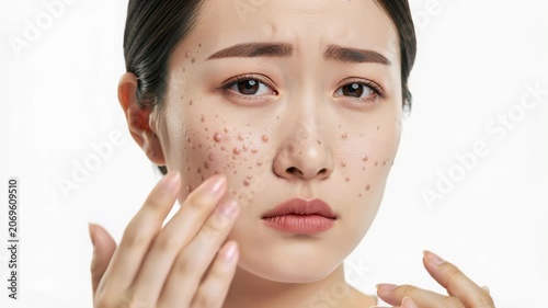 A Young Woman's Concern: A close-up portrait captures a young Asian woman’s distress as she gently touches her face, showing visible skin blemishes and acne.
