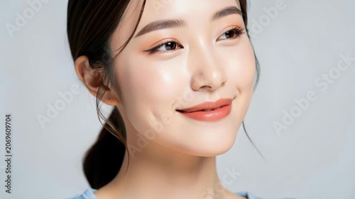 Elegant Woman's Portrait: A beautiful young woman with delicate features and a radiant smile looks off to the side, showcasing her flawless skin and natural makeup. Her ponytail frames her face.