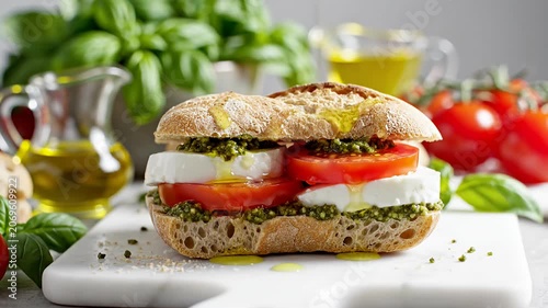 Caprese sandwich with tomato mozzarella and pesto.
