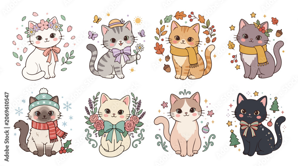 Fototapeta premium Eight cartoon cats wearing winter clothing and accessories on a white background with floral patterns and snowflakes.