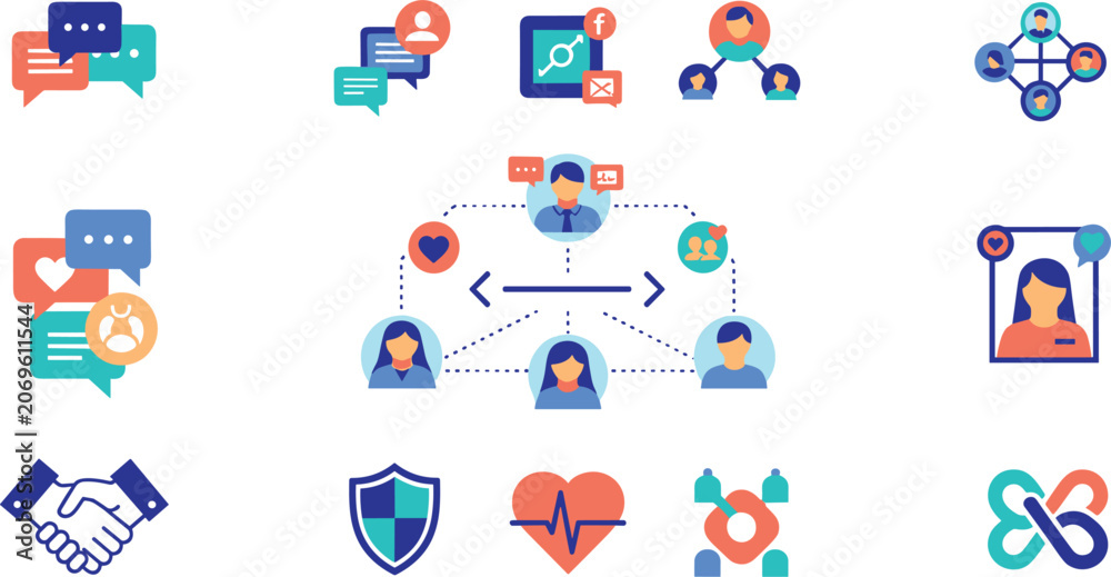 Fototapeta premium Social networking communication and community support vector icon set for digital marketing presentation layouts and mobile user interface design