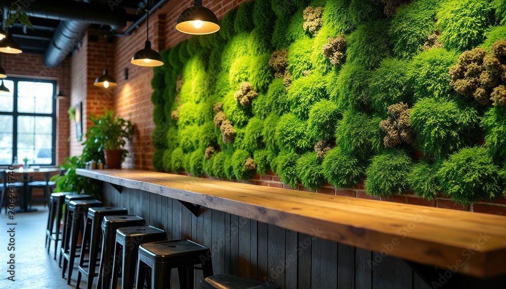 Naklejka premium Interior bar counter with rich green moss wall. Brick wall background. Modern cafe or restaurant decor. Natural living wall with plants. Bar stools near wooden counter.