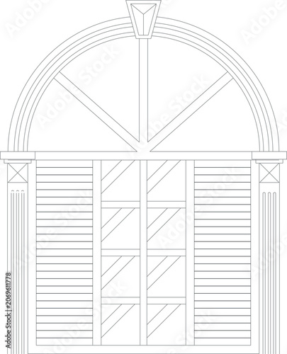 Cuadro en lienzo Technical architectural elevation drawing of a classical arched window or door featuring fanlight, louvered shutters, and fluted pilasters in detailed CAD line art