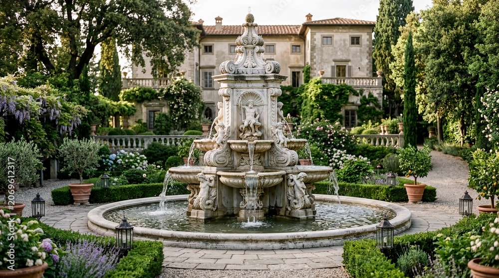Obraz premium luxury landscape design, a luxurious classical fountain with flowing water in an elegant garden