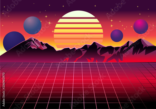 illustration of a landscape panoramic sunset nostalgic Retro Futurism background