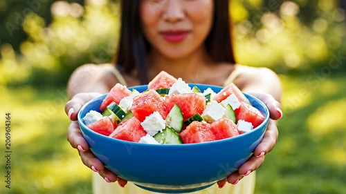 Holding a bowl of watermelon and feta salad.