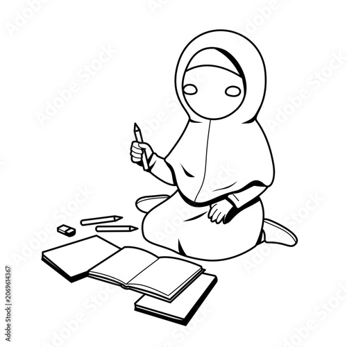 Young Muslim Girl Learning Drawing with Pencils and Books