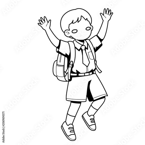 Excited Boy with Backpack Jumping on First Day of School