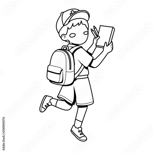 Young Student with Backpack Studies Outdoors Happily