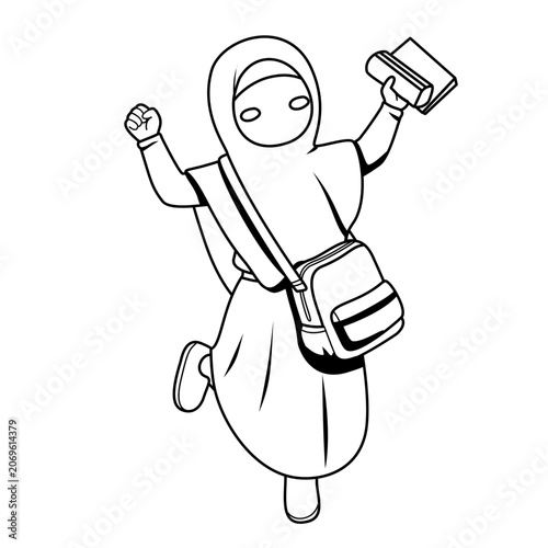 Joyful Muslim Student Jumps with Book and Bag