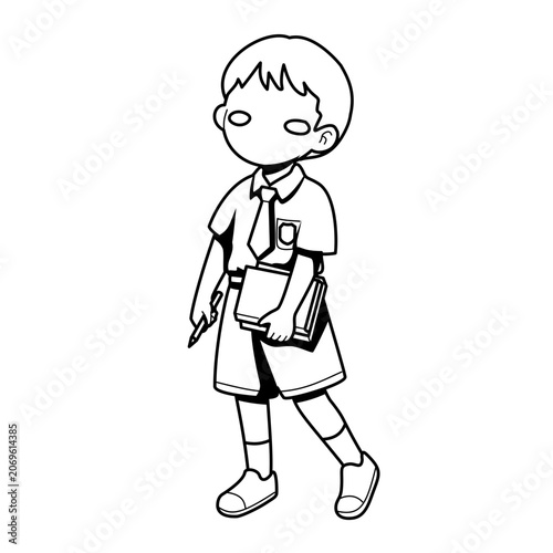 Boy Student Walking with Books and Pen Line Art Style