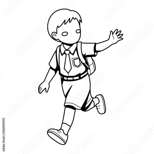 Running Student Boy with Backpack Waving Greeting Happy School Journey