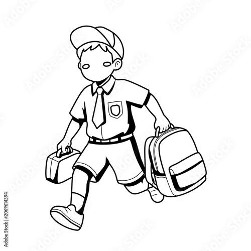 Boy Student Walking to School with Backpack and Suitcase