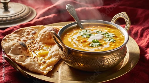Indian dal soup with naan bread and spices.