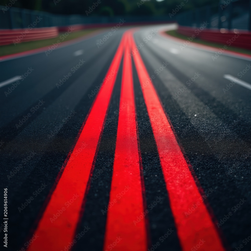Naklejka premium Close up view of a wet asphalt race track. Red painted lines guide cars through a sharp curve. The surface texture shows grit and reflection.