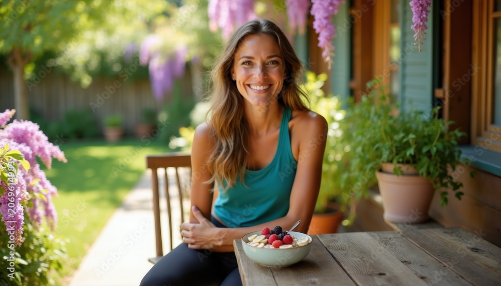 Naklejka premium Smiling woman eats oatmeal with berries and banana on wooden table outside. She wears teal tank top and black leggings. Relaxing summer day in garden with purple flowers.