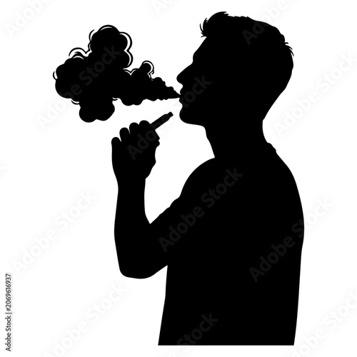 Silhouette of a man vaping with smoke clouds.