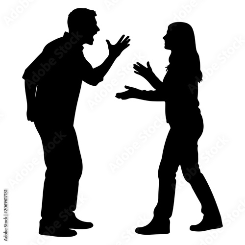 Silhouette of a couple arguing intensely with raised hands.