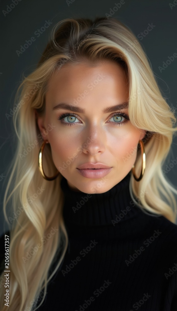 Fototapeta premium Close-up portrait blonde woman with blue eyes, wearing black sweater. Golden hoop earrings adorn ears. Warm makeup highlights facial features. Soft lighting creates gentle shadows on fair skin.