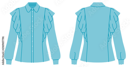 Blue fitted shirt with layered ruffle sleeves, long sleeves and button front closure with structured seams. Technical fashion illustration in flat color, front and back views, clothing design. Vector