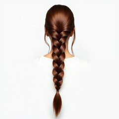 Back view of person with long brown hair in neat braid. Smooth healthy hair secured with tie. Simple hairstyle for everyday or special events, clean background.