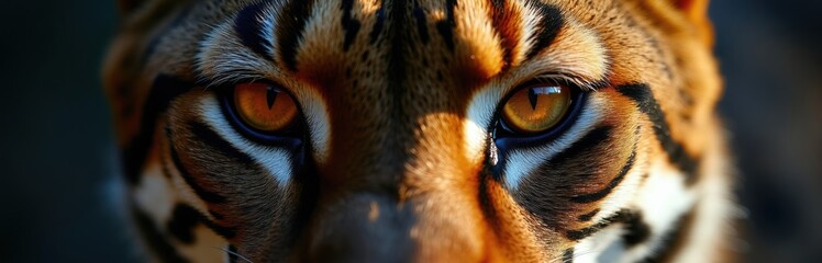 Close up eye of wild cat. Intense orange iris with slit pupil. Detailed fur texture and stripes. Predator shows sharp focus. Captures wild nature.