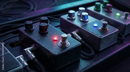 Close-up of guitar effect pedals with glowing indicator lights on a pedalboard