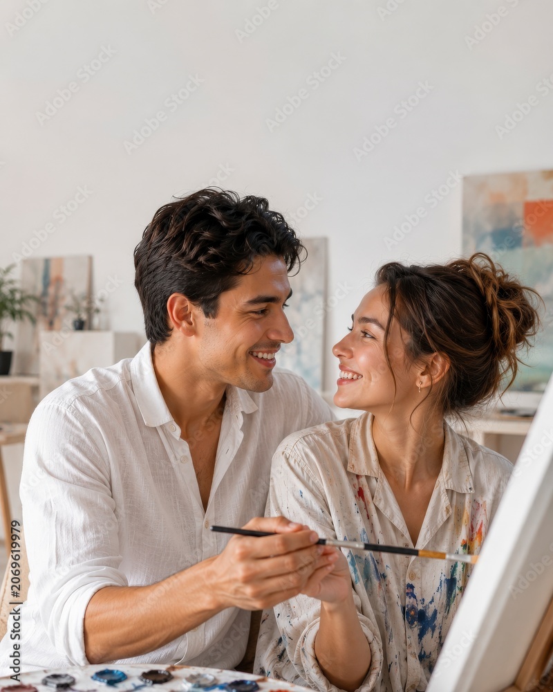 Fototapeta premium Happy Couple Painting Together in a Bright Art Studio