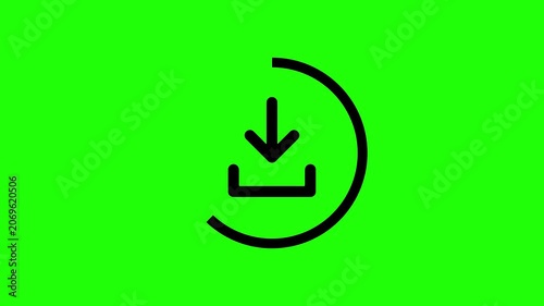 A minimalist black download icon animation with a downward arrow motion, set on a green background suitable for chroma key compositing