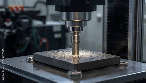 Industrial friction stir welding process joining metal plates in a manufacturing facility