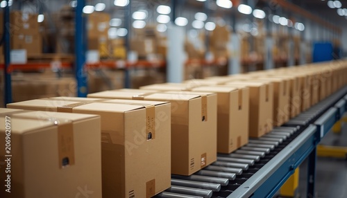 Cardboard boxes moving along a conveyor belt in a large warehouse distribution center for shipping logistics