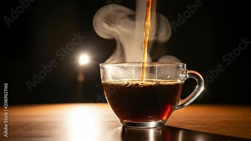 Pouring hot coffee into a clear glass cup with steam rising on a dark background.